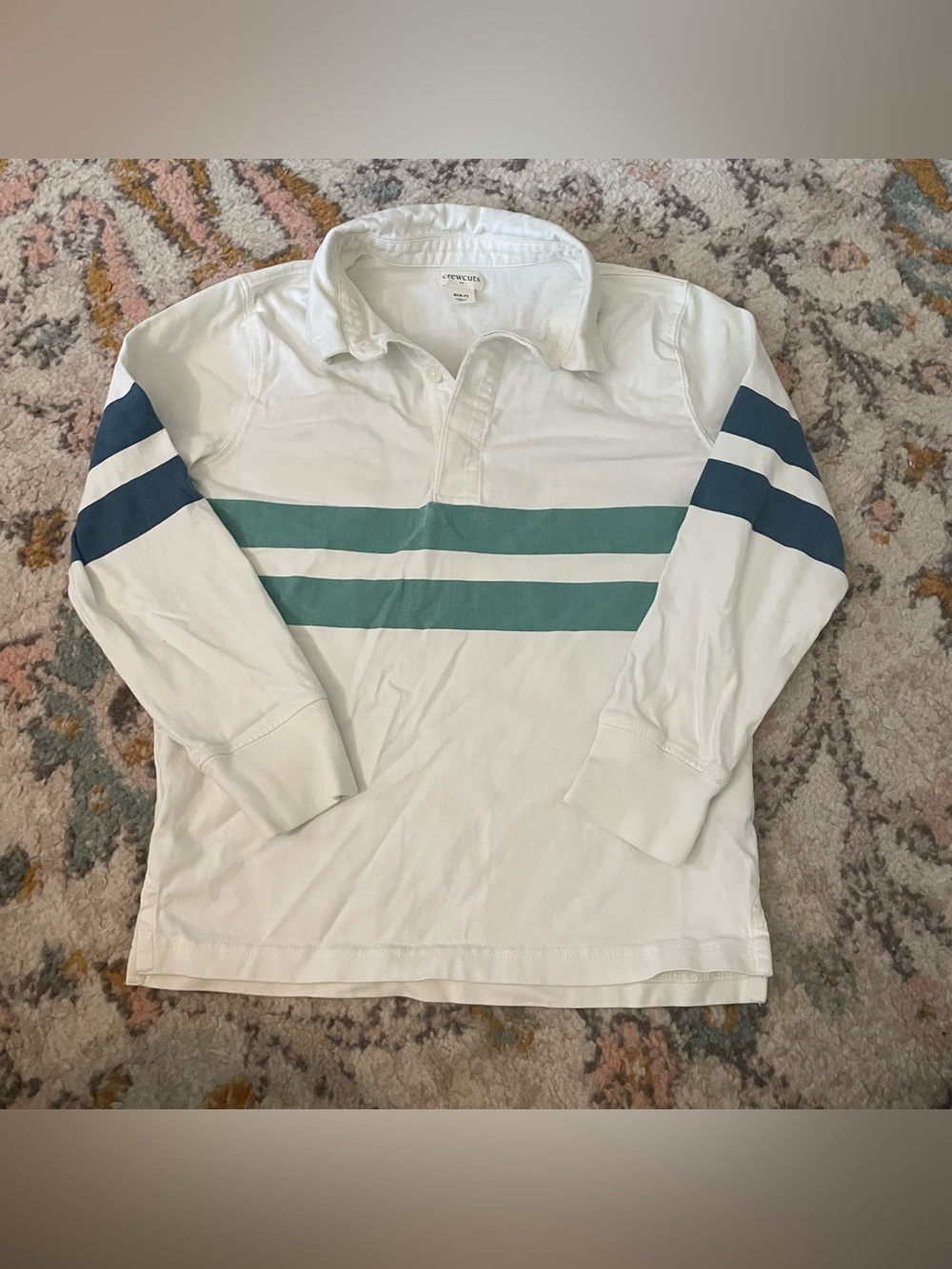 Crewcuts White Rugby Shirt with Teal and Navy Stripes